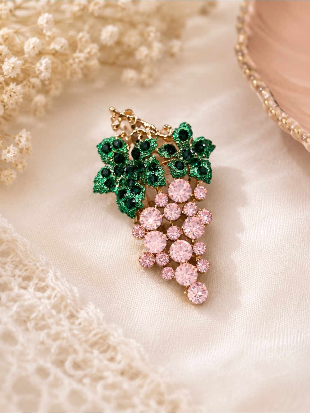 Elegant Green and Pink Crystal Grape Pendant Necklace